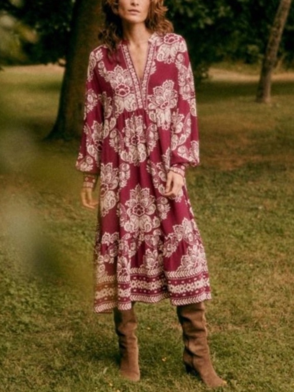 SEZANE Boheme Burgundy Red Cream Boho Floral Long Sleeve Midi Maxi Dress‎ Medium